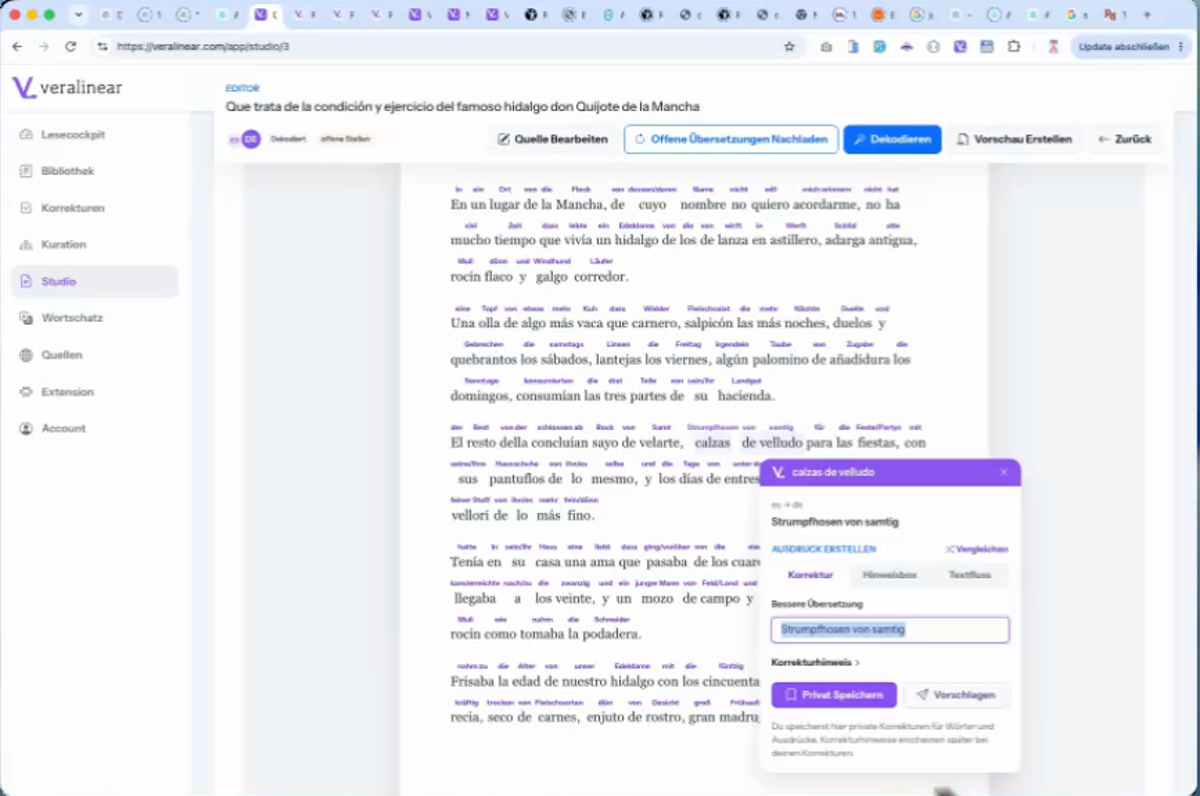 VeraLinear Studio mit interlinear dekodiertem Text und geöffnetem iSpicker zur Prüfung einer Wortbedeutung