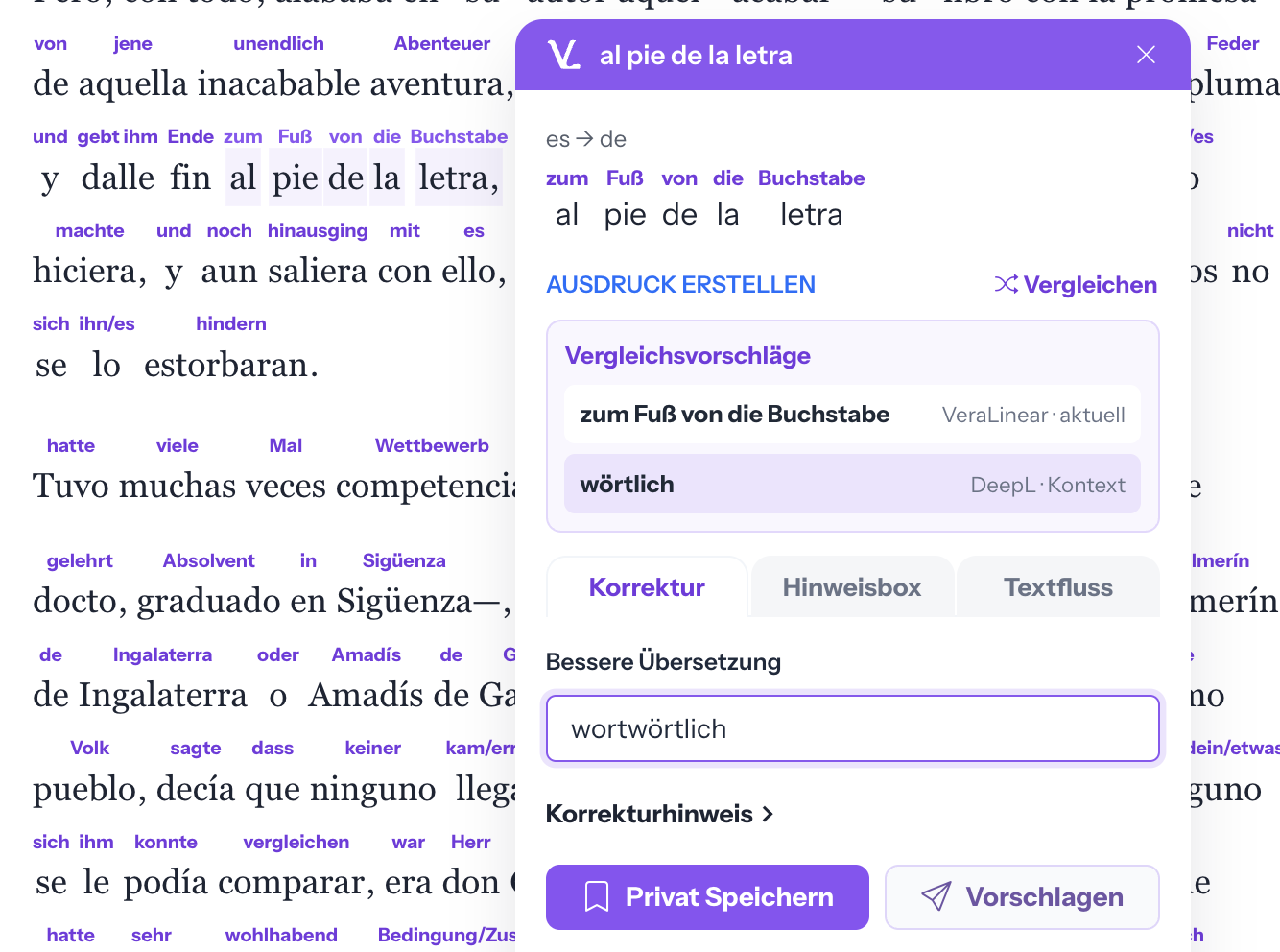 Studio-iSpicker mit der markierten Wortgruppe al pie de la letra und dem Vergleich zwischen Wortstütze und kontextueller Übersetzung