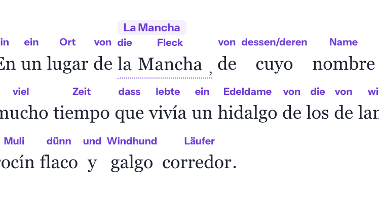 Studio-Text mit La Mancha als angepasster interlinearer Stütze über Mancha