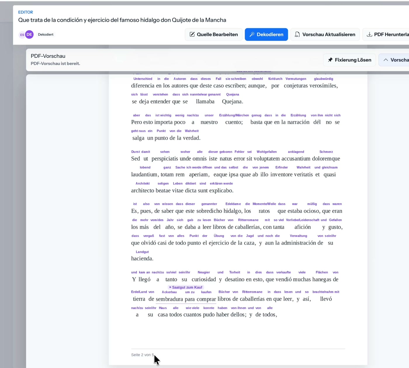 Gerenderte PDF-Vorschau im Studio, automatisch geöffnet auf Seite 2 des Dokuments