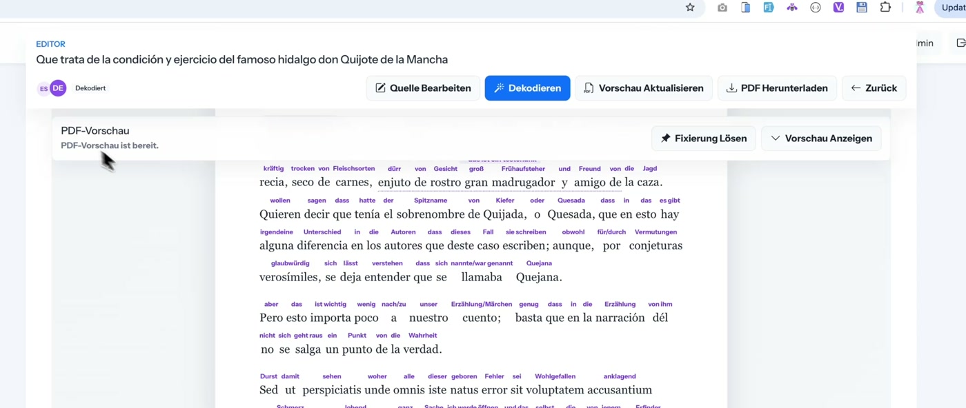 Angeheftete PDF-Vorschauleiste mit den Schaltflächen Fixierung lösen und Vorschau anzeigen