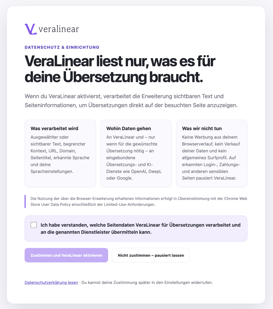 VeraLinear Datenschutz Formular