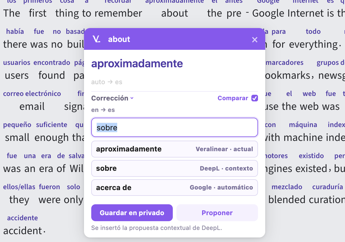 iSpicker de VeraLinear con traducción directa de una palabra en el navegador