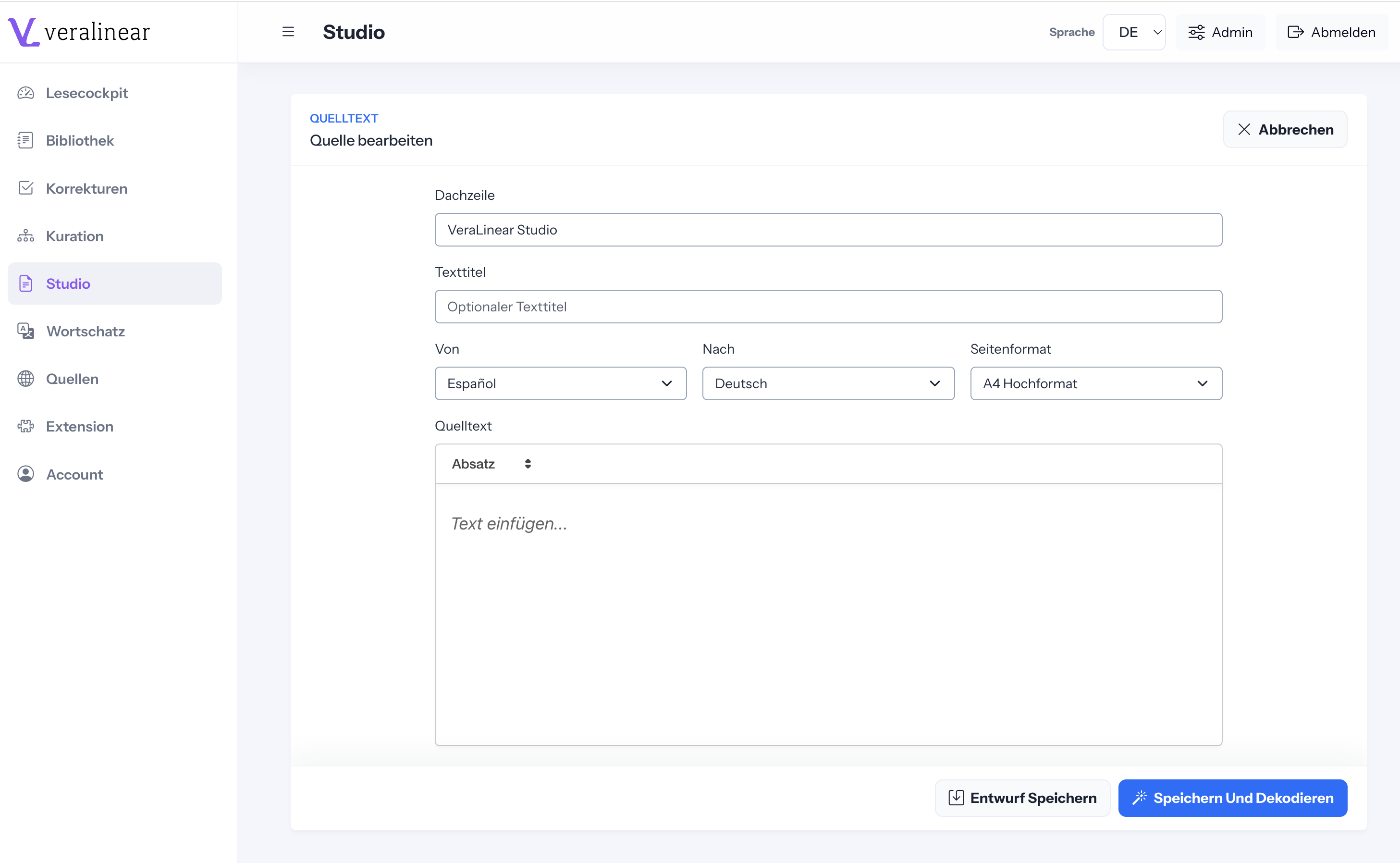 VeraLinear Studio: Formular für Titel, Ausgangssprache, Zielsprache, Seitenformat und Ausgangstext