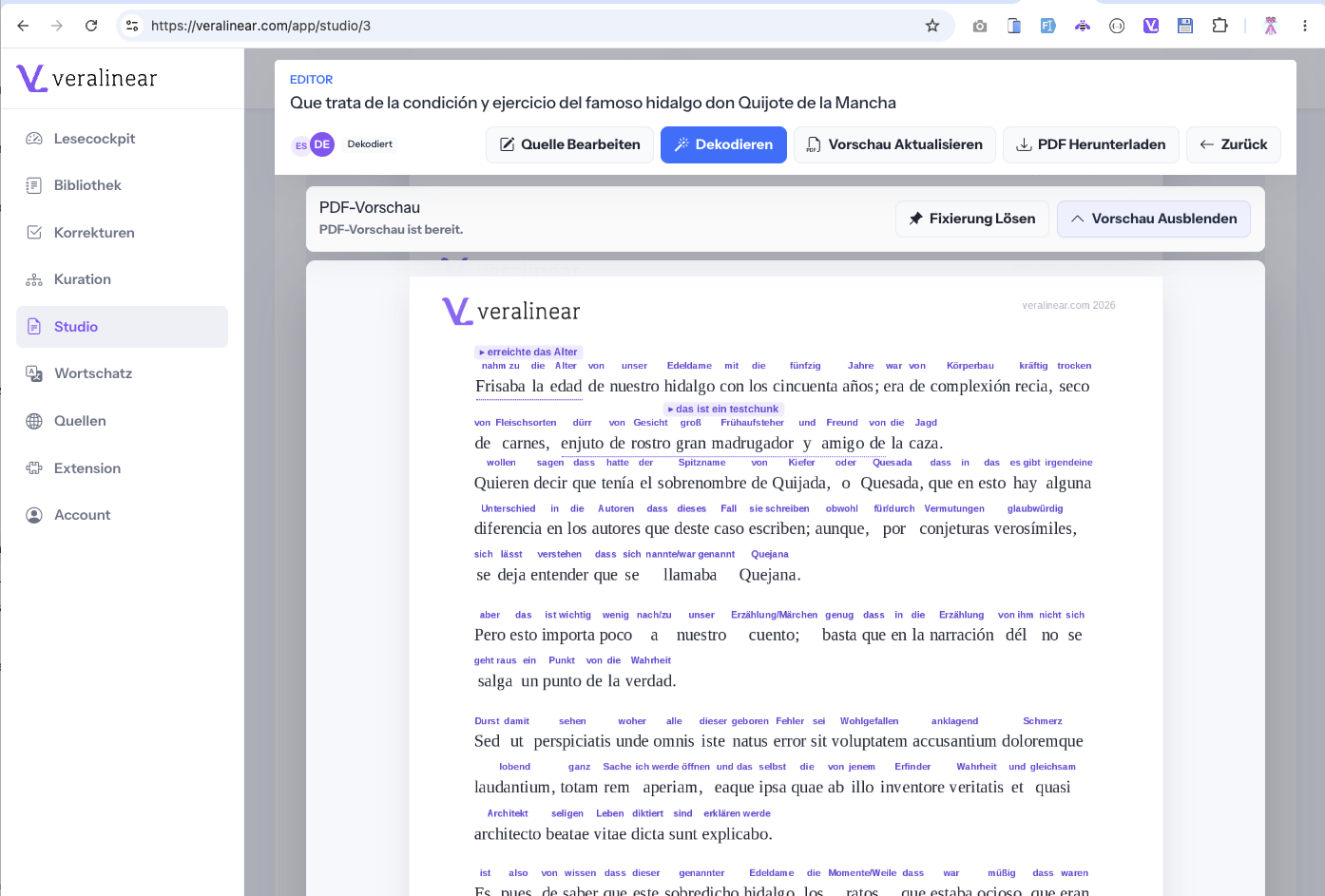VeraLinear Studio mit geöffneter PDF-Vorschau und Schaltfläche zum Herunterladen